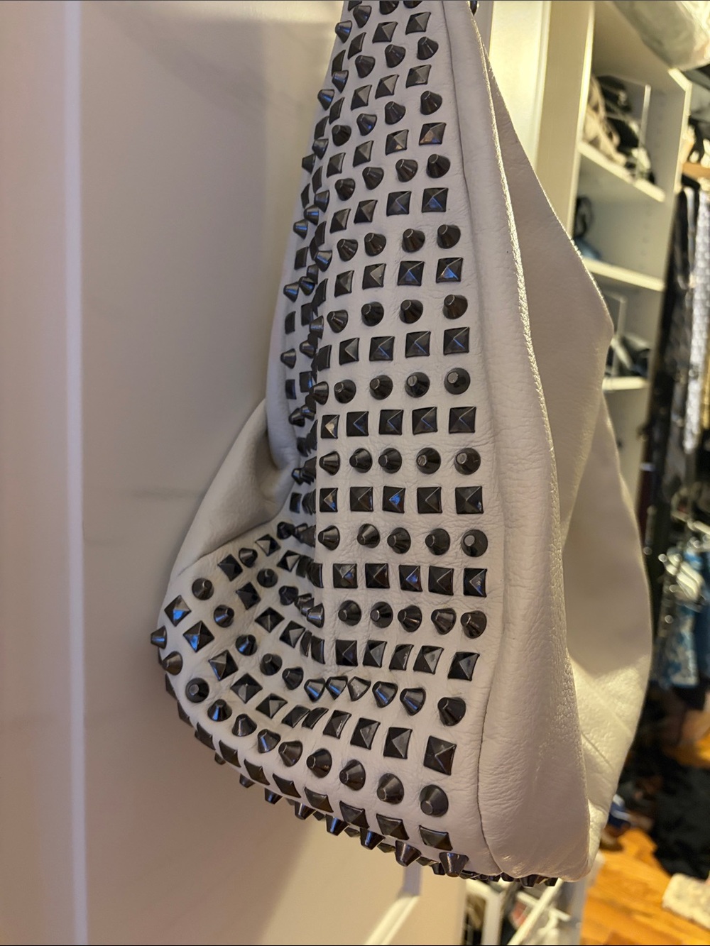 Romygold White Leather Shoulder Bag with Gunmetal Studs